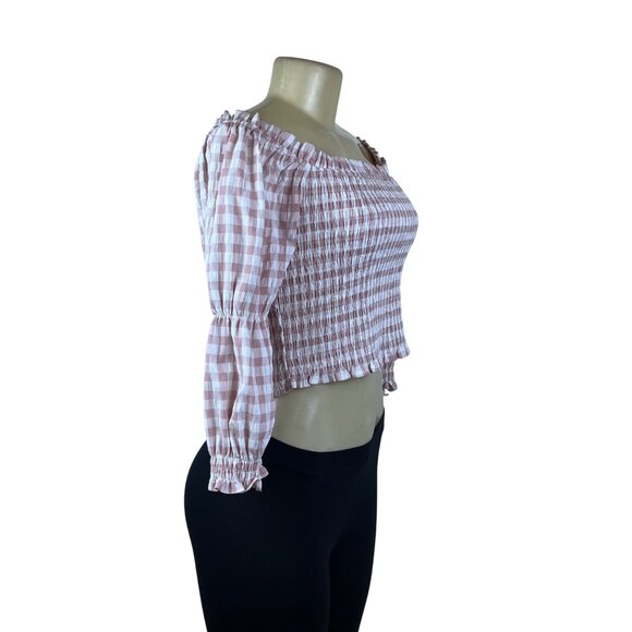 Mi Ami Women Pink Plaid Off-Shoulder Smocked Crop Top Sz M - Picture 3 of 8